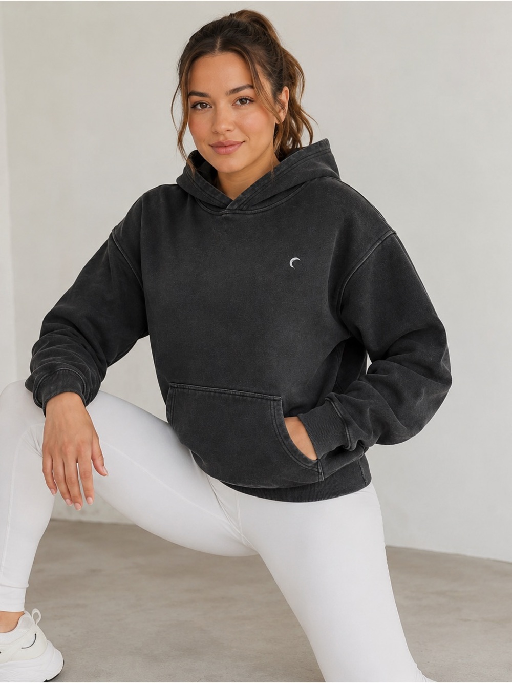 ZYIA Active Relaxation Hoodie Black Vintage Wash Oversized Pullover Size M